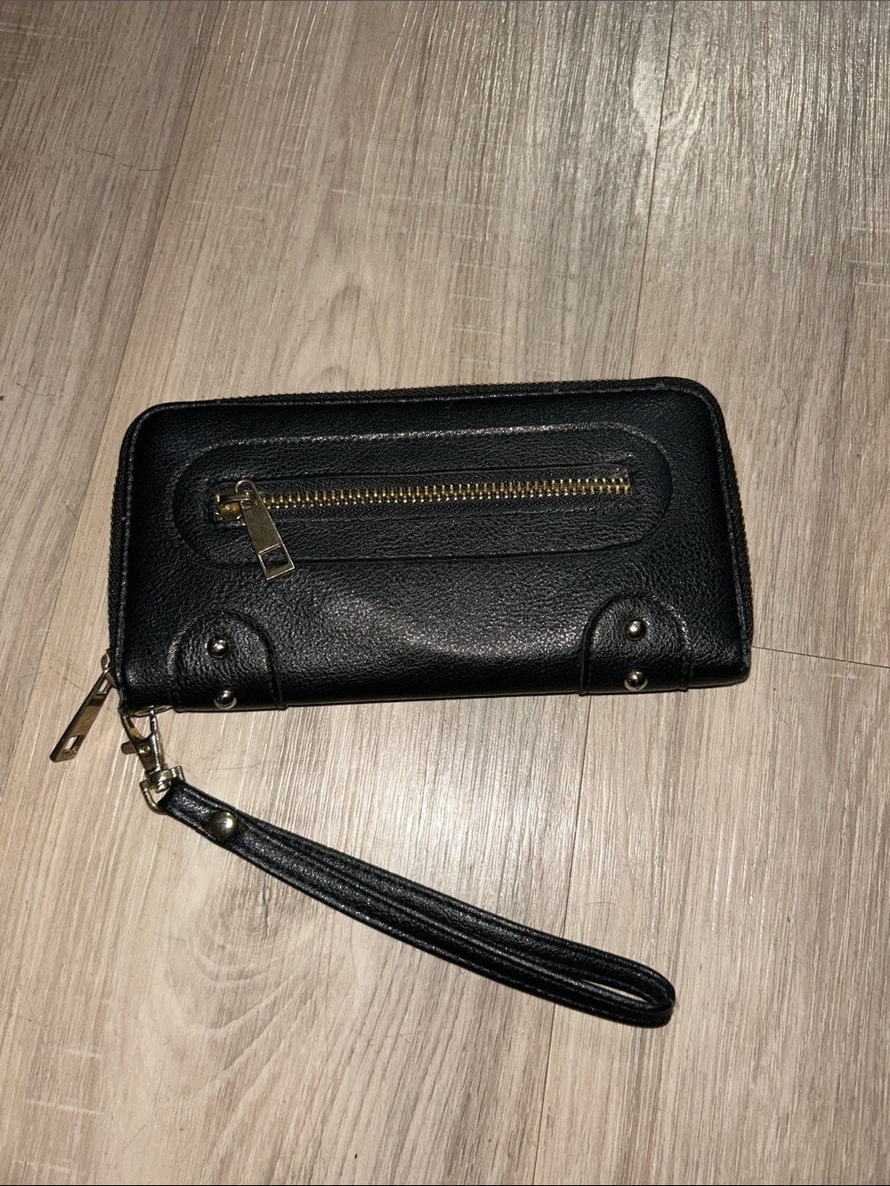 Black Zip Wristlet Wallet with Gold Hardware